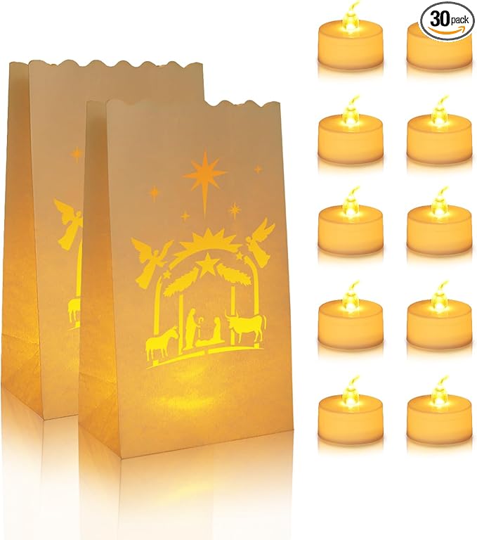 AceList 30 Set Luminaries Bag with Flameless Candles, Flickering LED Tea Lights with Paper White Luminary Bags Battery Operation for Party, Halloween, Christmas Decoration (Nativity, Bag+Candle)