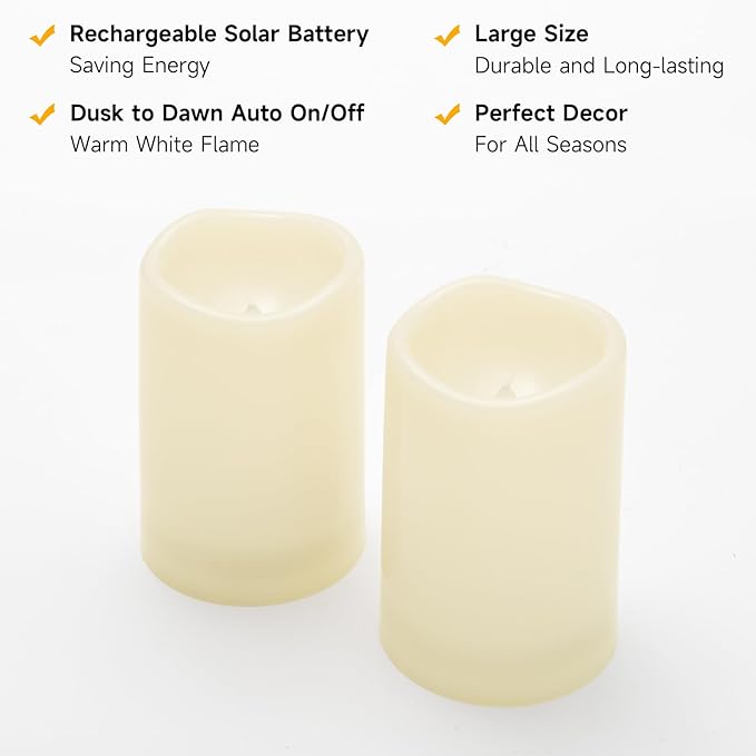NURADA Large Outdoor Solar Candles Waterproof - 6" x 4" Rechargeable Solar Powered Flameless LED Pillar Flickering Candle for Patio Porch Lanterns Decor - Ivory Set of 2