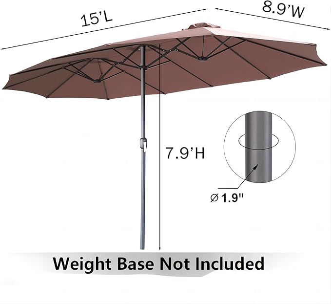 AECOJOY 15x9ft Large Patio Umbrella, Double-Sided Outdoor Market Rectangle Table 177''x104'' Umbrella with Crank Air Vents for Deck Pool Patio(1.9" Pole, Brown)