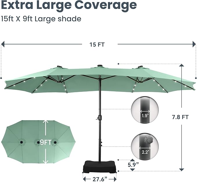PHI VILLA 15ft Large Patio Umbrella with Solar Lights, Double-Sided Outdoor Market Rectangle Umbrellas with 36 LED Lights, Umbrella Base (Stand) Included, Mint Green