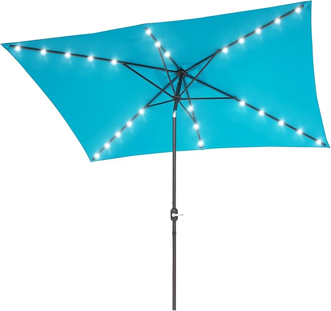 Rectangle Patio Umbrella with Solar Lights, 10 x 6.5ft Rectangular Outdoor Umbrella Table Market Patio Umbrella with Push Button Tilt and Crank for Garden, Deck, Backyard, Pool