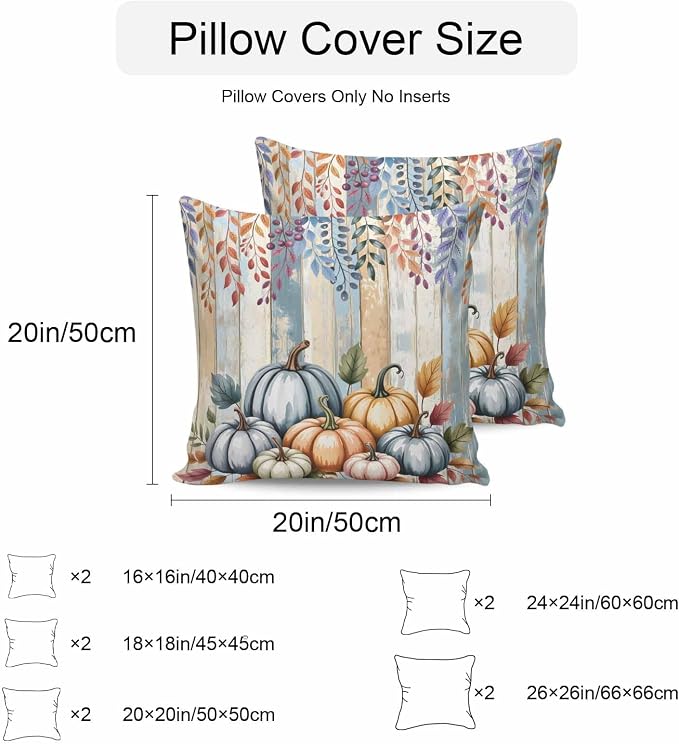 Orange Pumpkins Outdoor Waterproof Pillow Covers, Eucalyptus Leaves Wood Grain Country Rustic Decorative Square Throw Pillowcase Sofa Cushion Sham for Patio/Couch/Chair, 16"x16" 2 Pack
