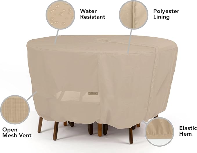 Covermates Classic Round Patio Dining Table and Chair Set Cover – All-Weather Outdoor Protection, Water-Resistant Vinyl, Elastic Hem, Mesh Vents, with Umbrella Hole 86 Diameter x 40H, Classic Tan