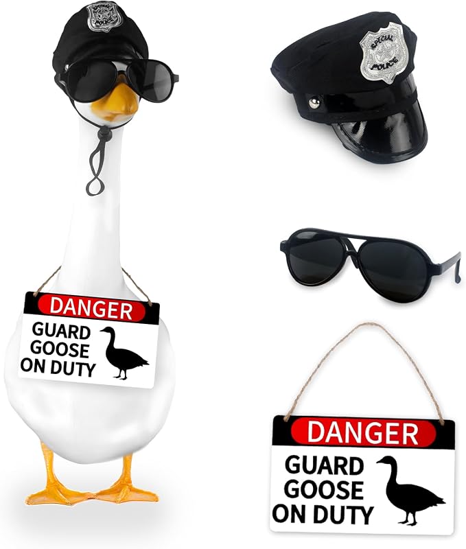 CAMDUCK 3 Pcs Porch Goose Accessories Porch Goose Sign Goose Police Hat Eyeglasses Wooden Gooses Warning Sign Danger Guard Geese on Duty Warning Sign Geese Outfits Decor for Yard Porch Lawn