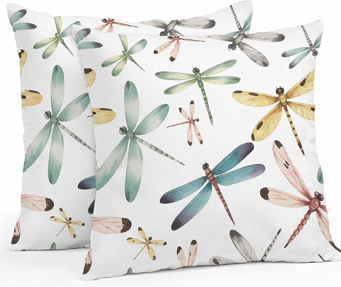 Dragonfly Outdoor Pillow Covers 20x20 Inch Throw Pillow Covers Set of 2 Waterproof Decorative Pillow Cases Watercolor Colorful Nature Painting Art Cushion Covers for Patio Furniture Garden Couch Sofa