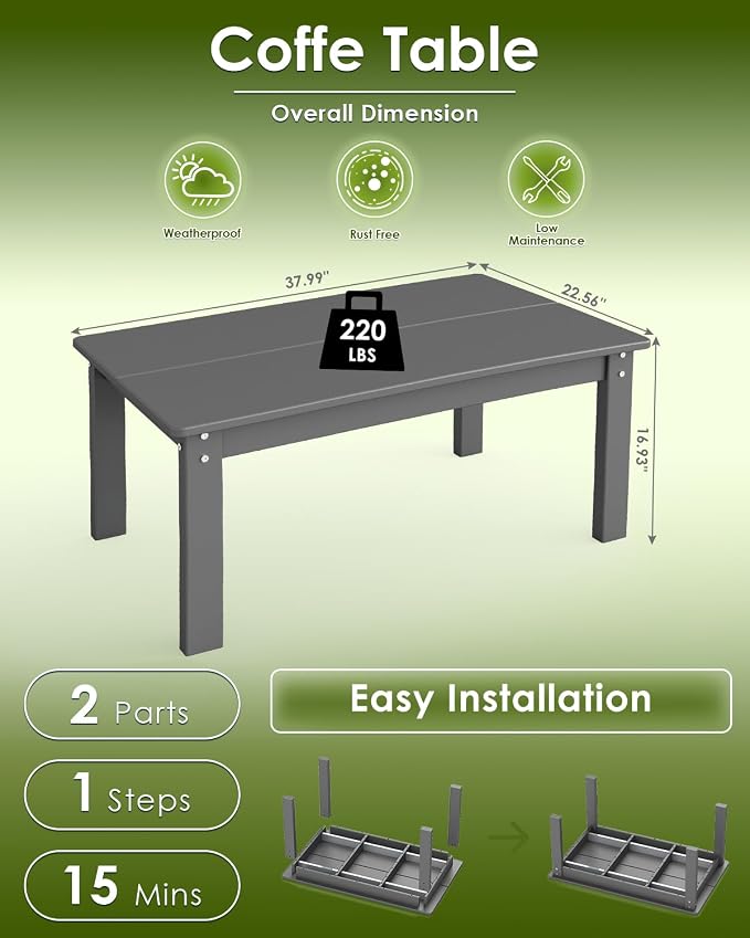 GREENVINES Outdoor-Coffee-Table | HDPE Plastic | Patio Coffee Tables | Rectangle | All Weather | for Balcony Poolside Deck Garden | TriLuxe | Gray