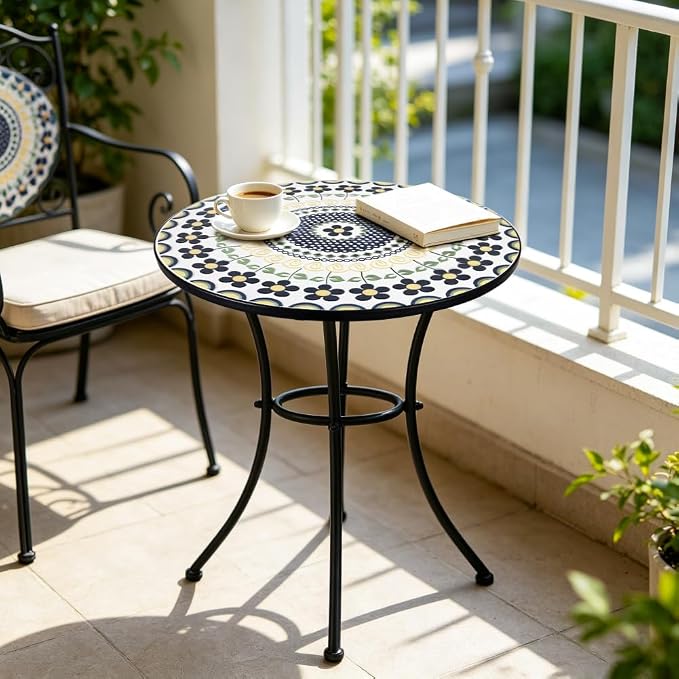 24 Inch Mosaic Patio Round Side Table with Ring Curved Legs Indoor and Outdoor Accent End Table for Yard, Garden, Living Room, Bistro, A - Black Floral