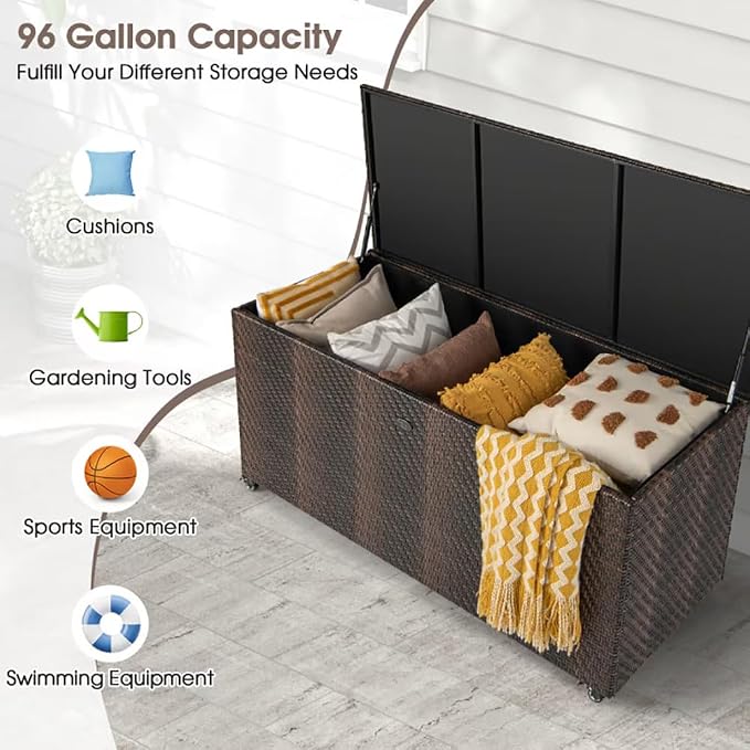 96 Gallon Outdoor Wicker Storage Box, Waterproof Deck Box with Wheels & Gas Strut, Weather Resistant Patio Container for Cushions, Tools, Garden