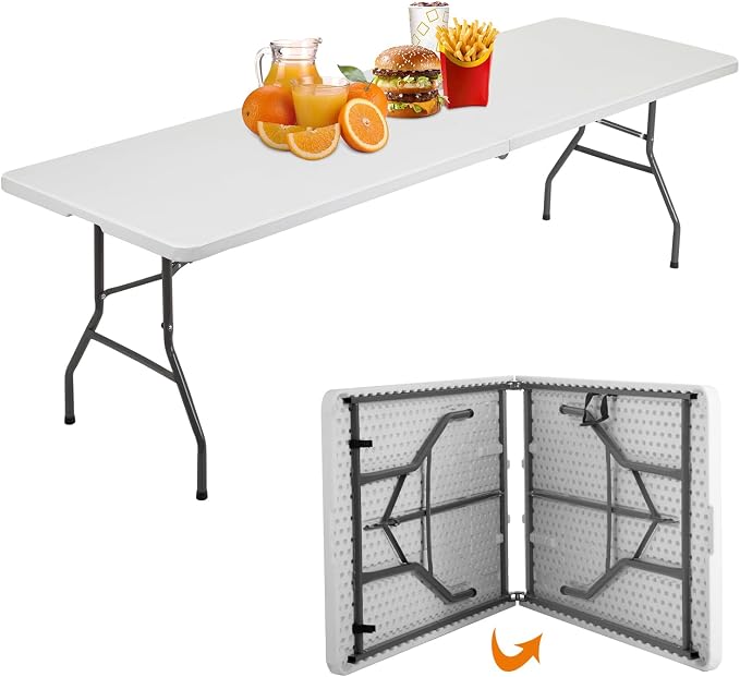 BestOffice 8 FT Picnic Table Plastic Camping Table Portable Square Height Folding Table Perfect for Picnics, Parties, Party and Camping, White