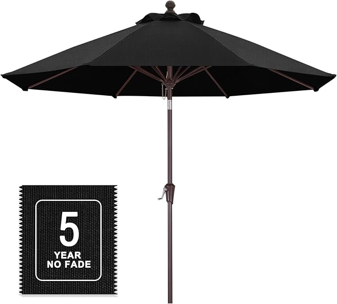 MASTERCANOPY Olefin 5-Year-Non-Fading 9ft Patio Umbrella with Tilt and Crank, Large UV Resistant Outdoor Table Umbrella with 8 Fiberglass Ribs for Deck, Yard & Market, Black