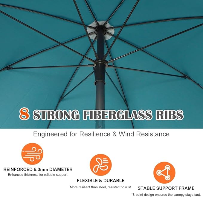 Blissun 6.5ft Patio Umbrella with Push Button Tilt & Height Adjustable, UV50+ Sun Protection with Sturdy Fiberglass Ribs & Iron Pole, Market Umbrella for Outdoor Table Garden Backyard Beach