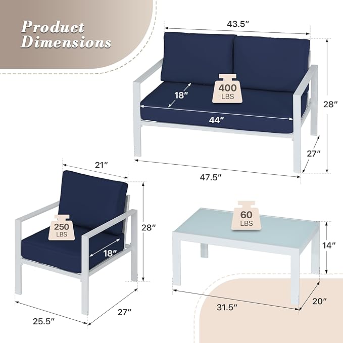 Athena Collection Patio Bistro Set Table and Chairs Set of 4, Outdoor Furniture Set Heavy Duty Conversation Sets Metal Loveseat with Upholstered Seat and Cushions, Blue