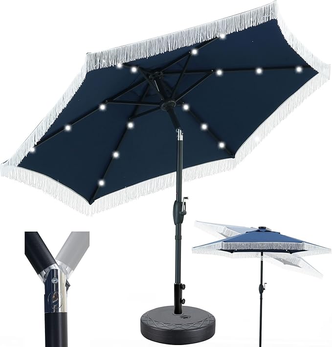 GDY 7.5ft Tassel Patio Umbrella and Matching Base, Outdoor Table Umbrella with 18 LED Lights,Market Umbrella with 6 Sturdy Ribs, with Push Button Tilt and Crank, Dark Blue