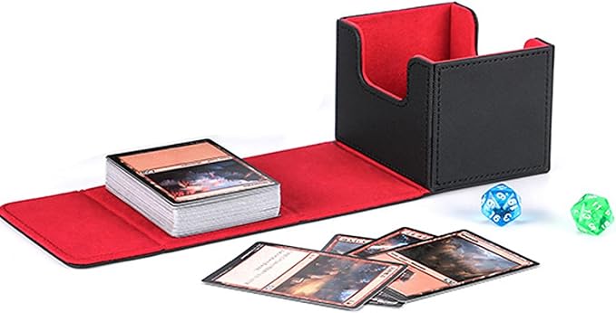 Zunate Card Deck Box for Tarot or Game Cards, Large Capacity PU Leather Storage Box/Cover with Magnetic Flap Lid, Holds 100 Cards, Soft Felt Lining, Black Finish (Black Red)