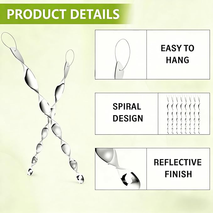 8 Pack Silver Spiral Bird Repellent Reflective Scare Rods, Hanging Plastic Rod Bird Deterrent Device, Glossy Finish Wind Spinner Scare Animals Away Outside Patio Lawn Garden Trees Decorations