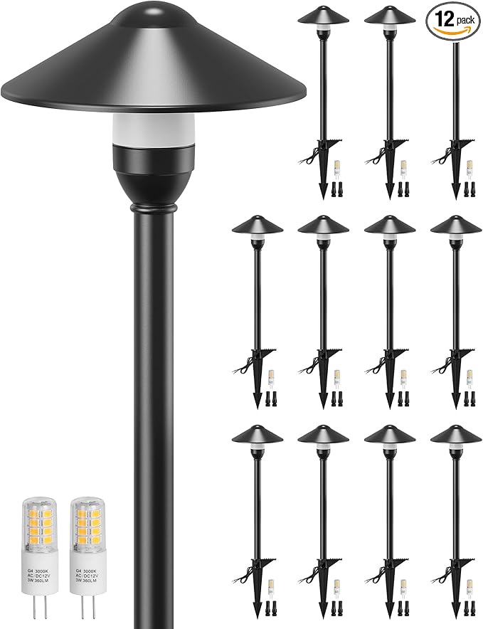 PARTPHONER Low Voltage Landscape Lighting 12-Pack, Aluminum 12V Pathway Lights with G4 Bulbs, Waterproof Stylish Matte Black Color Round Shade Path Lights with Connectors for Walkway Yard Garden