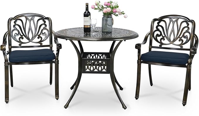 VIVIJASON 3-Piece Patio Bistro Sets, All-Weather Cast Aluminum Bistro Table Set Outdoor Patio Furniture, Include 2 Cushioned Chairs and 35.4" Round Table, 2" Umbrella Hole, Navy Blue Cushion