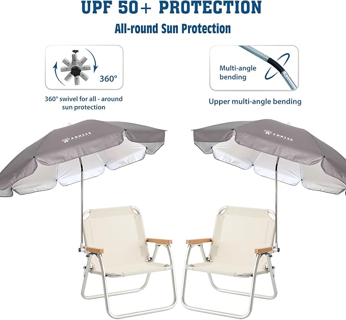 AMMSUN Chair Umbrella with Universal Clamp Adjustable 47 inches and 360° Swivel & UPF 50+ Protection Portable Sun Umbrella, Secure Clip on Camping/Beach Chairs, Stroller, Wheelchair, Golf cart, Lounger, Grey, 2 PACK