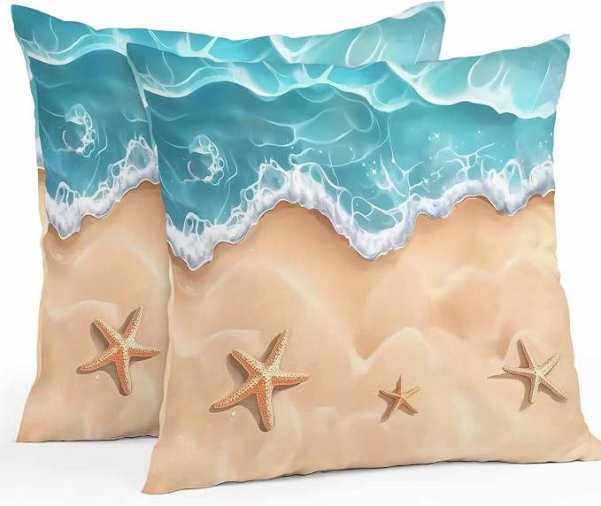 Ocean Beach Waterproof Outdoor Pillow Covers Set of 2 Home Decor, Starfish Sea Waves Coastal Seaside Sand Pillowcase Patio Pillow Covers for Couch Bench Furniture Garden 20x20in