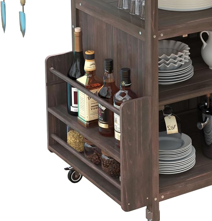 Outdoor Grill Cart with Stainless Steel Top, Solid Wood Outdoor Storage Cabinet with Drop Leaf, One Drawer, Towel Rack, Rolling Kitchen Cart with Lockable Wheels for Lawn Garden (Brown@072)