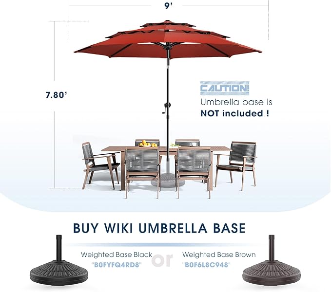 wikiwiki 9ft 3-Tier Patio Umbrella Outdoor Table Market Umbrella for Patio with Push Button Tilt/Crank, Fade Resistant Waterproof POLYESTER Canopy for Garden, Lawn, Deck, Backyard & Pool, Red