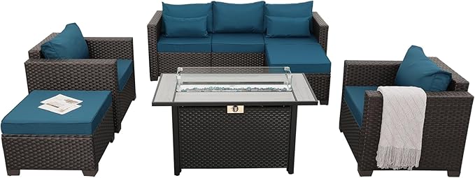 Patio Furniture Set 6-Piece Outdoor Furniture Set with 45'' Propane Gas Fire Pit Table Outdoor Conversation Set Wicker Sofa Set Non-Slip Cushions Waterproof Covers, Peacock Blue