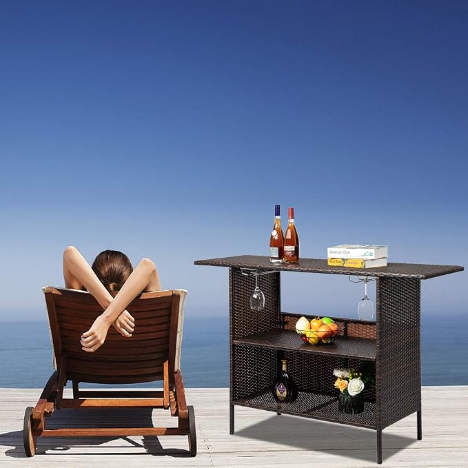 Modern bar and pub table set Bar Table for Pub, Kitchen Dining Coffee Table Table Bar Height Cocktail Table Tall Table for Kitchen Bistro Cafe Patio Outdoors Kitchen Cart with Wine Rack Glasses Holder