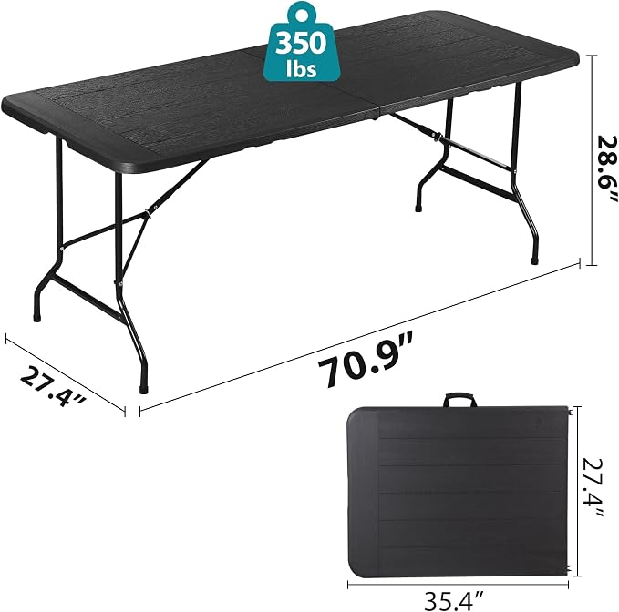 JupiterForce 6ft Plastic Folding Table, Indoor Outdoor Portable Heavy Duty Foldable Camping Table, Fold-in-Half Utility Table Dining Picnic Table for Party Wedding Event, Black