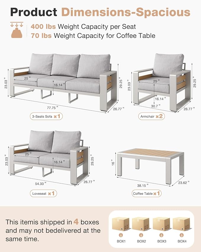 Aoxun Aluminum Patio Furniture Set, 5 Piece Luxury Outdoor Sectional with 6" Olefin Fabric Cushions, Patio Conversation Sets with Coffee Table and Waterproof Cover for Backyard, Porch Grey