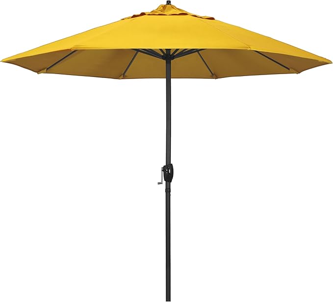 California Umbrella 12-Year Protection 9' Rd Aluminum Patio Umbrella, Crank Lift, Auto Tilt, Black Finish, Sunbrella Sunflower Yellow
