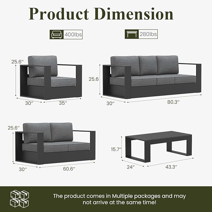 LayinSun Oversized Aluminum Outdoor Furniture Set, 5 Piece Patio Sofa Sets with Coffee Table, Deep Seating and Upgraded 6-inch Cushions for Porch, Balcony, Deck
