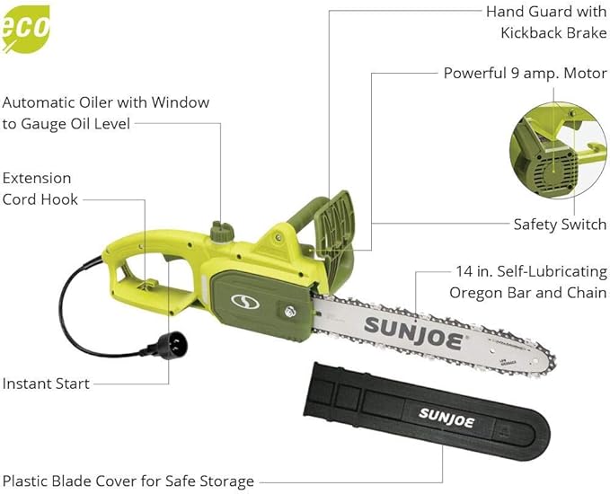 Sun Joe SWJ599E 14-inch 9-Amp Tree Limb Master Electric Handheld Chainsaw with Low-Kickback