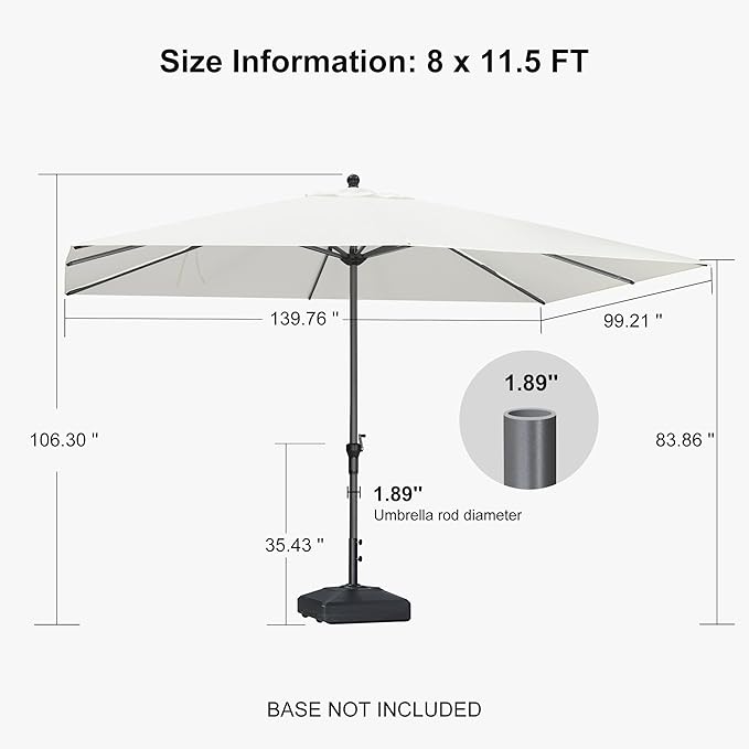 PURPLE LEAF 11.5' x 8' Patio Market Umbrella Outdoor Table Sun Umbrellas with Crank 8 Aluminum Sturdy Ribs for Pool Deck Backyard Beach White