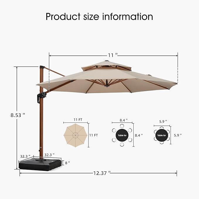 PURPLE LEAF Cantilever Umbrella with Base Outdoor Round Umbrellas Large Cantilever Umbrella Windproof Offset Heavy Duty Sun Umbrellas for Garden Deck Pool Patio, 11ft Beige