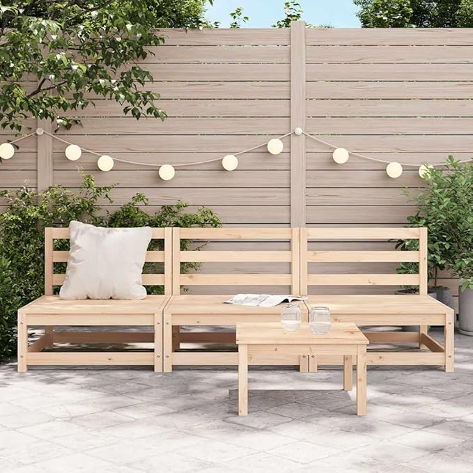 3-Piece Outdoor Modular Sofa Set Natural Pine 27.6" Square Small Patio Couch Rustic Finish for Garden Balcony Terrace