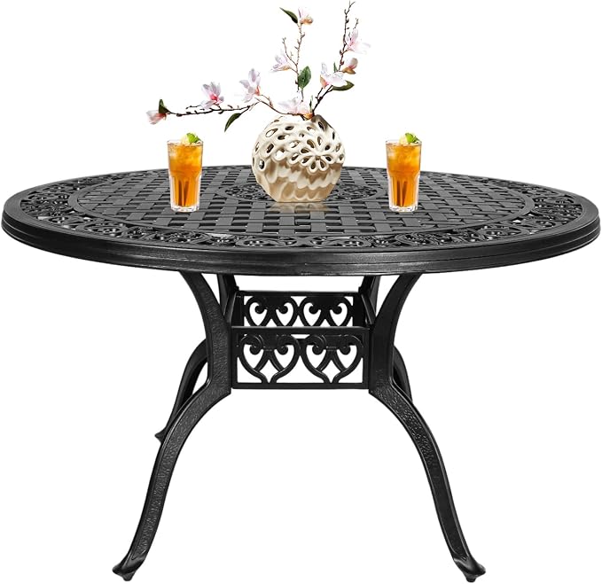 Outdoor Dining Table for 4-6 Person, 48.23" Cast Aluminum Patio Table with 2.36" Umbrella Hole, Outdoor Bistro Table for Backyard, Garden, Patio