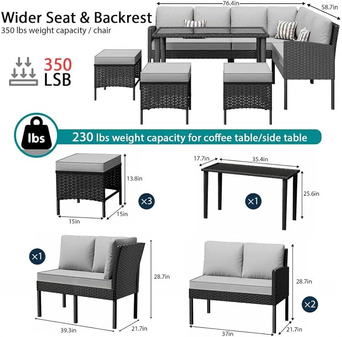 7-Piece Patio Furniture Set with Cushions and Pillows, Outdoor Wicker Sectional Sofa with Long Glass Coffee Table, All-Weather Conversation Set for Garden, Porch, Lawn, Gray