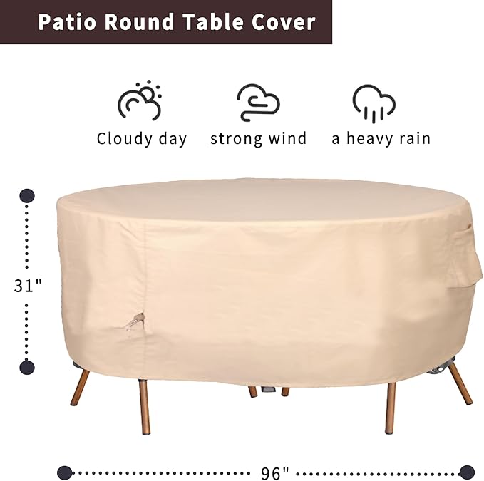 Round Patio Furniture Cover, Heavy Duty and Waterproof for Outdoor Furniture covers, Round outdoor table cover, Patio table cover 96"DIA x 31"H Beige