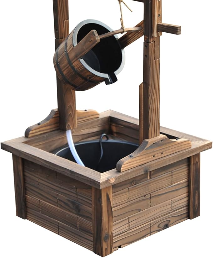 Outsunny Outdoor Wooden Wishing Well Fountain with Adjustable Water Flow Rate, Outdoor Rustic Waterfall Fountain with Electric Pump, Water Bucket, for Backyard Patio Garden Lawn, Carbonized Finish