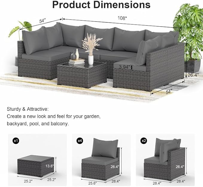 Patio Furniture Set, 7PCS Outdoor Sectional PE Rattan Patio Conversation Set w/Thickened Cushion Modular Wicker Patio Sofa Set w/Coffee Table for Balcony, Backyard(Grey)
