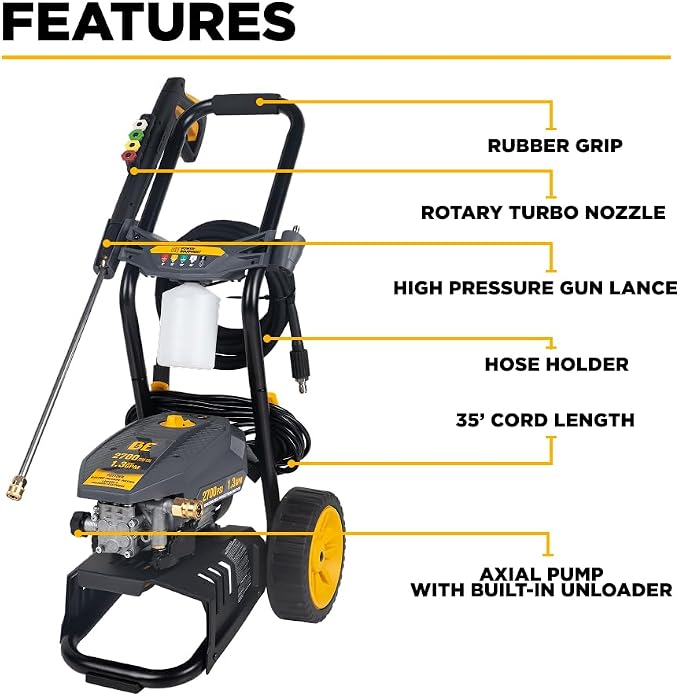 BE Power Equipment 2700 PSI 1.3 GPM Cold Water Corded Electric Pressure Washer