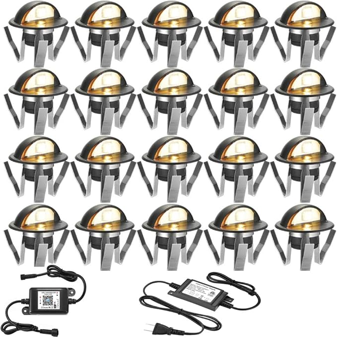 FVTLED WiFi Deck Lights, WiFi Controlled 20pcs Low Voltage LED Deck Lights Kit Φ1.38 Outdoor Recessed Step Stair Warm White LED Lighting Compatible with Alexa Google Home, Black