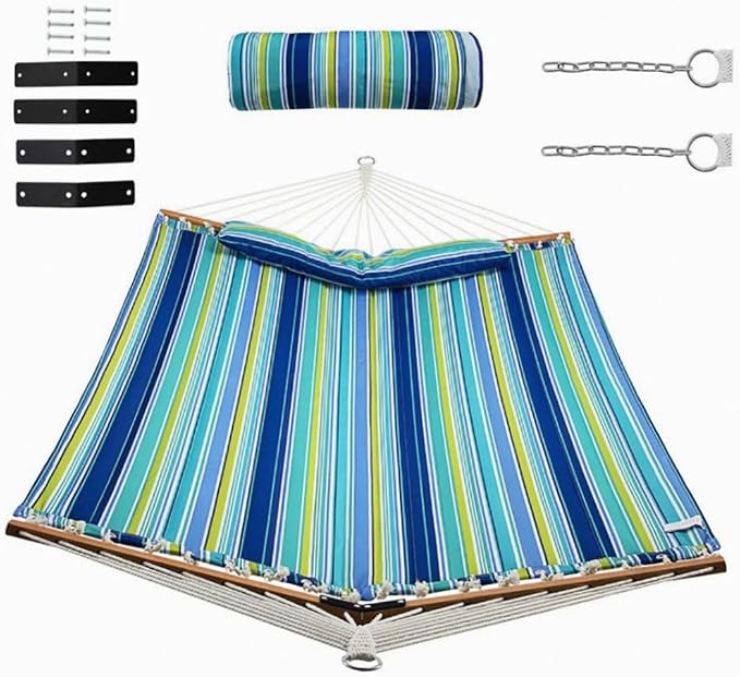 Beech Wood Foldable Patio Hammock with Detachable Pillow & Adjustable Chains, 55.5x75in, 265lb Capacity, Blue & Green Mix Color