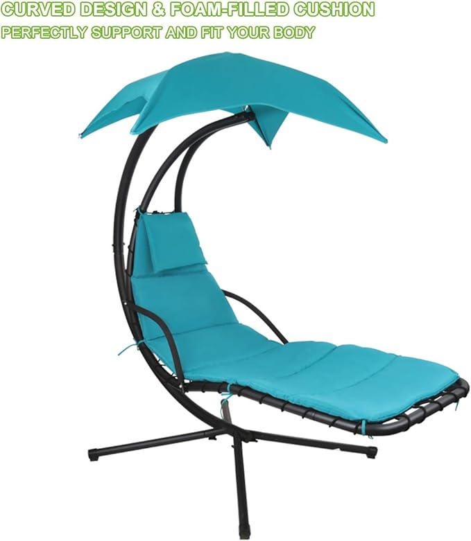 Patio Hanging Chaise Outdoor Lounger Padded Cushion Swing Hammock Chair w/Sun Shade Canopy Umbrella Stand [Blue]