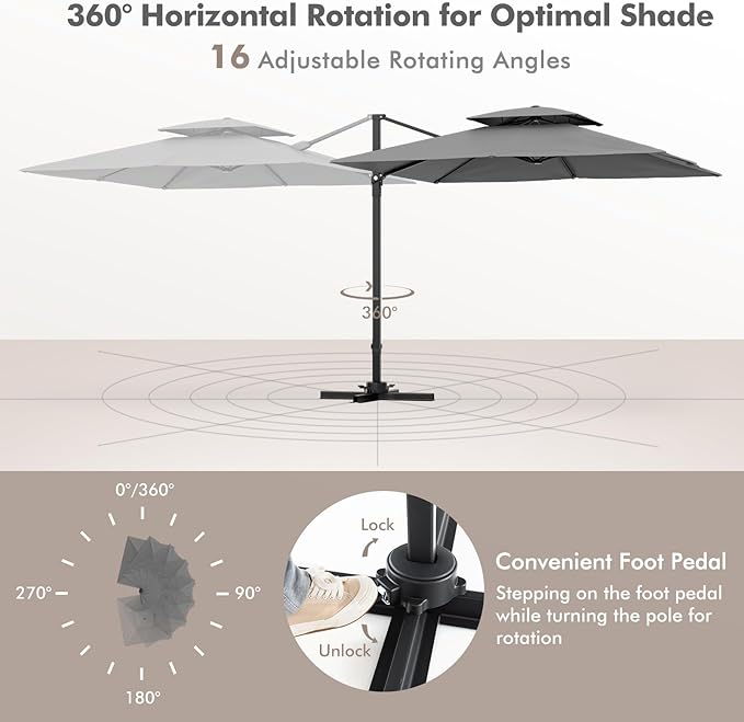 Tangkula 9.5 FT Cantilever Patio Umbrella, Outdoor Square Offset Umbrella with 360°Rotation, Double Top Heavy Duty Patio Hanging Umbrella with Cross Base for Garden Deck Pool Backyard (Grey)