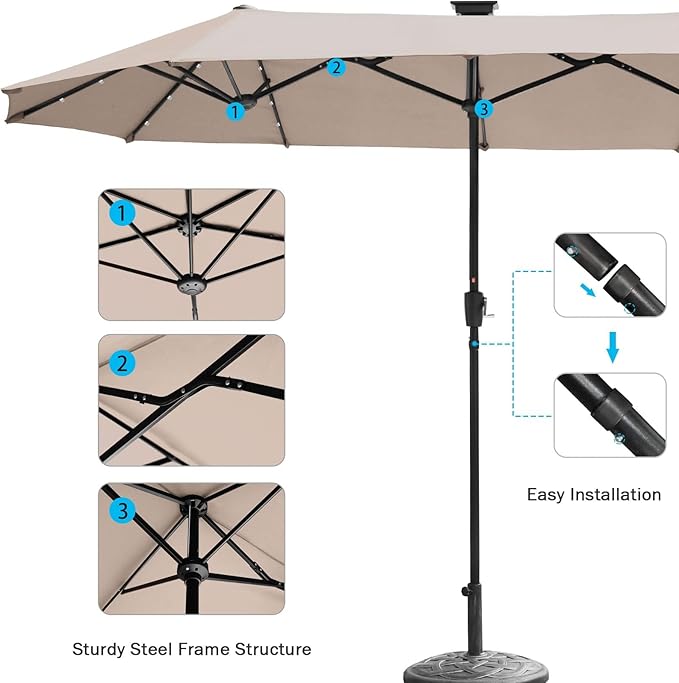 FREE SOLDIER 13ft Patio Umbrella with 36 LED Solar Lights Double Sided Outdoor Umbrella for Patio Table Umbrella with Solar lights for Garden Yard Pool (Beige)