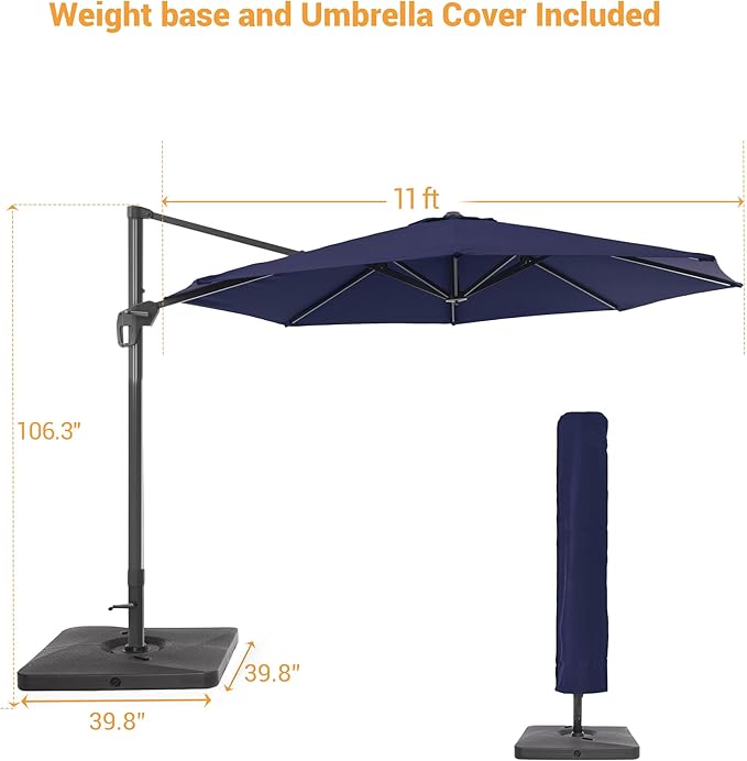 FLAME&SHADE 11 ft Cantilever Offset Patio Umbrella, Large Heavy Duty Outdoor Patio Umbrella Aluminum 360° Rotation Round Outdoor Umbrella for Deck,Pool,Backyard