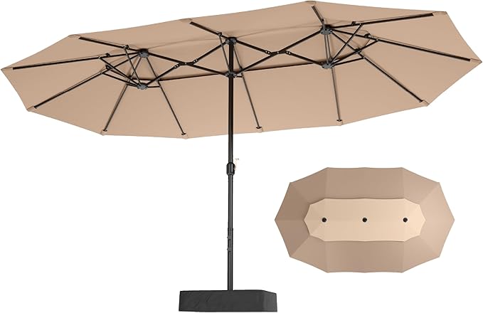 Sophia & William 15ft Extra Large Patio Umbrella with Base Included, 2-Tier Double-Sided Rectangle Outdoor Umbrella with Stand, Market Umbrella for Pool Garden Backyard, Beige&Tan