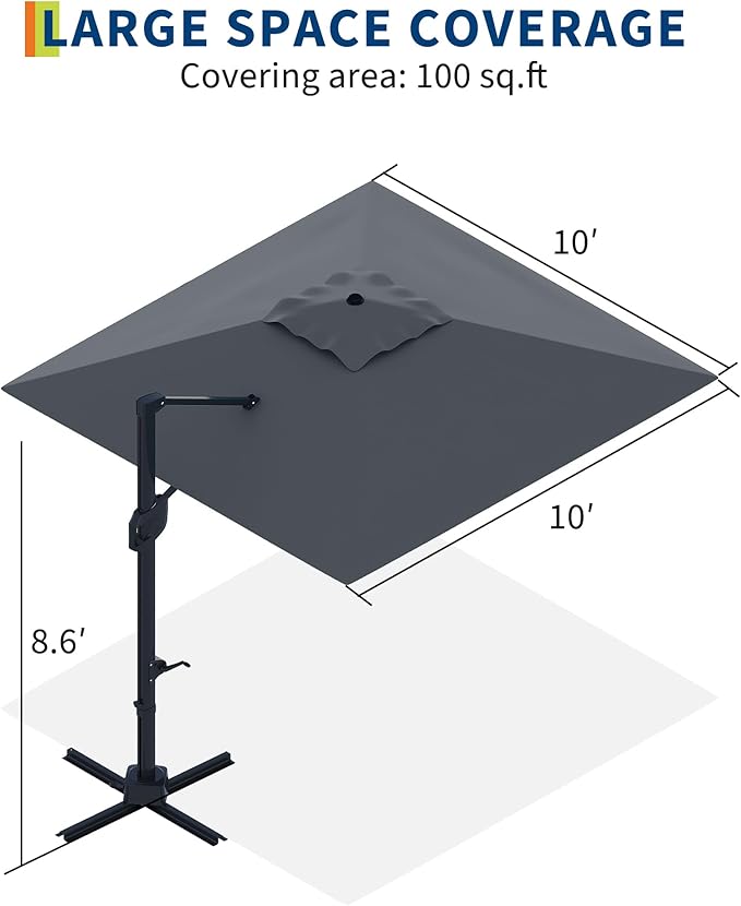 Garvee 10' x 10' Heavy Duty Square Cantilever Umbrella, Aluminum Offset Outdoor Patio Umbrella with 360-Degree Rotation for Backyard, Deck, Pool