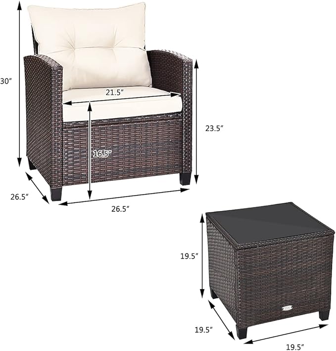 Modern Beige 3-Piece Wicker Patio Furniture Set with Water-Resistant Cushions & Tempered Glass Table